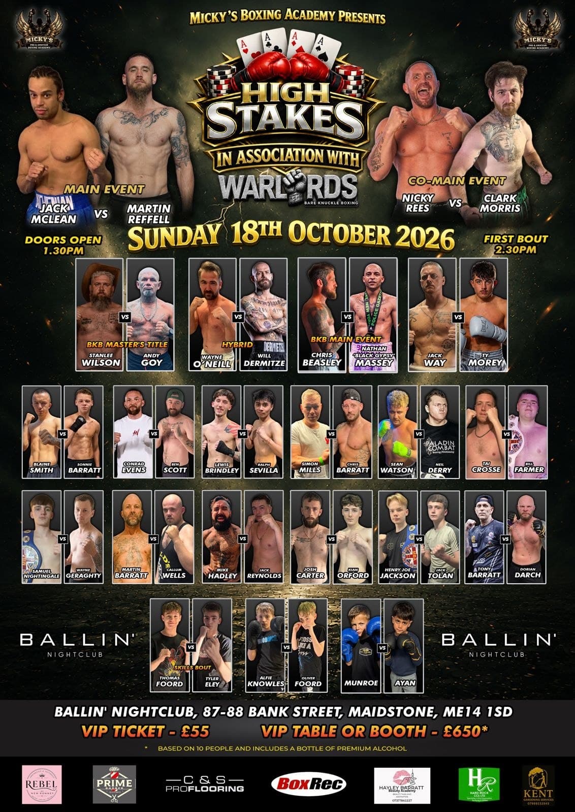 High Stakes fight card. Jack McLean vs Martin Reffell in the main event, Nicky Rees vs Clark Morris in the second main bout, Sunday 18 October 2026 at Ballin' Nightclub, Maidstone